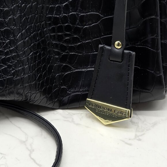 London Fog Crossbody Bag Coco Crocodile Embossed Black Vegan Leather Satchel - Picture 3 of 13
